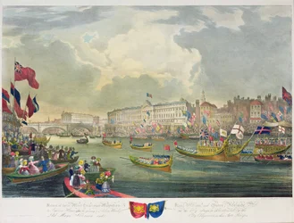 Uitzicht op de rivier de Theems tijdens de opening van de London Bridge door koning Willem IV en koningin Adelaide, gegraveerd door William Day, 1831